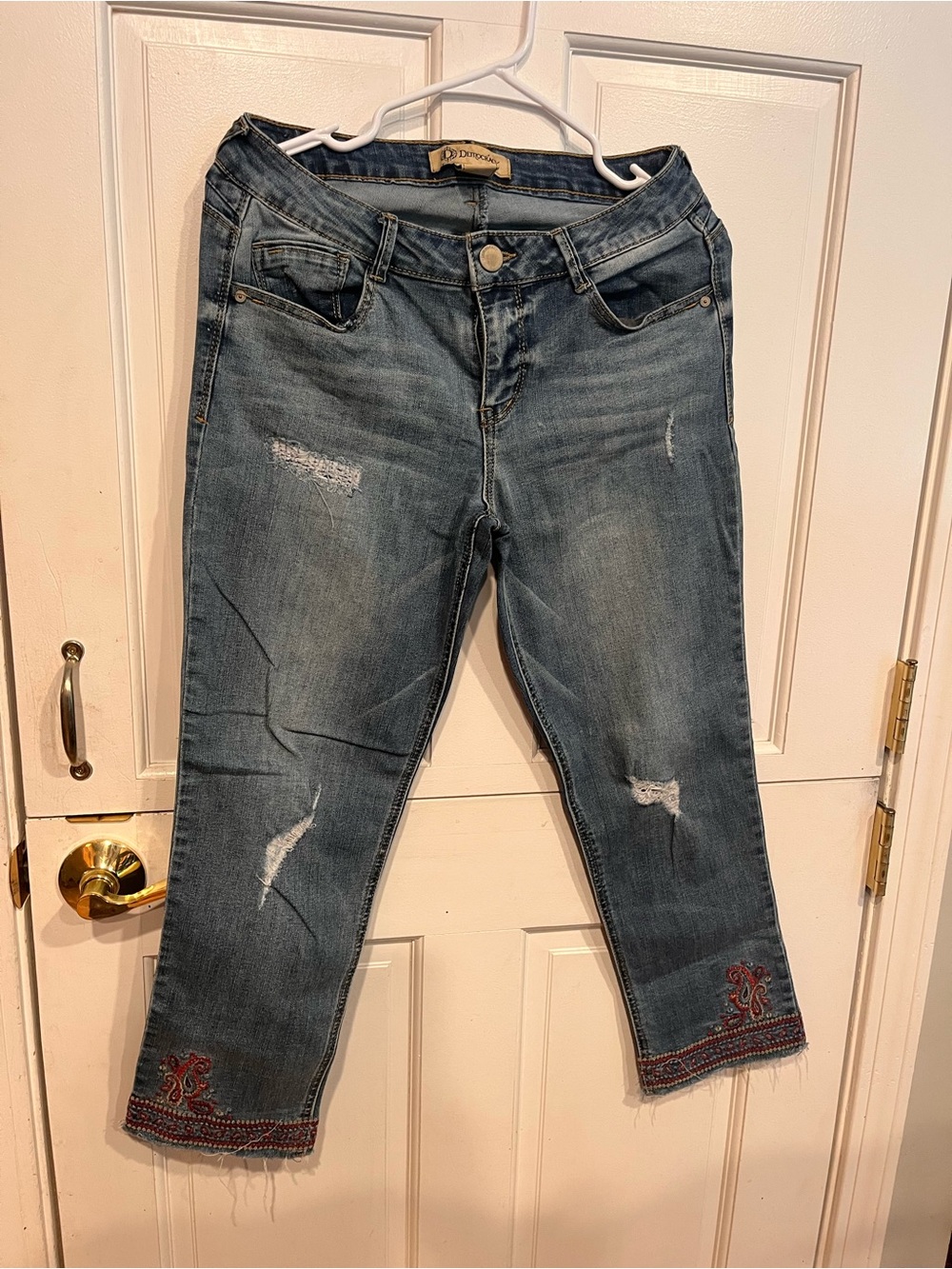 Democracy Cropped Distressed Blue Jeans with Embroidered Ankles
